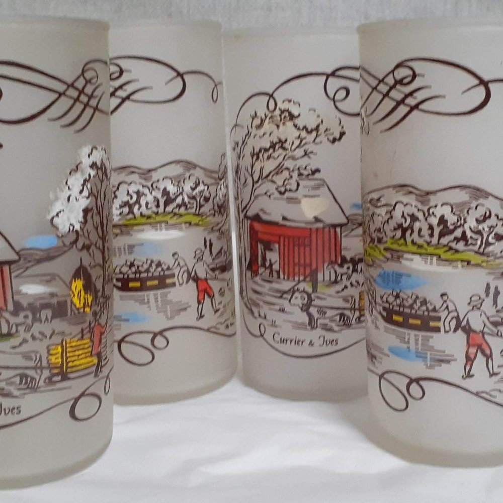 vintage frosted High Ball Bar glasses Currier Ives